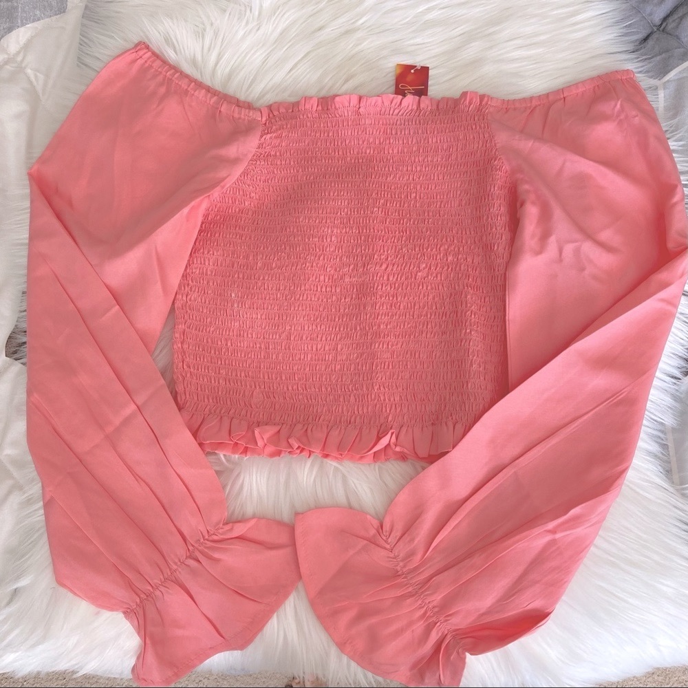 🆕 True Destiny Women’s Smocked Solid Ruffle Pink Peasant Off-the-shoulder Top - Picture 4 of 8